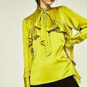 Zara Chartreuse Ruffle Blouse